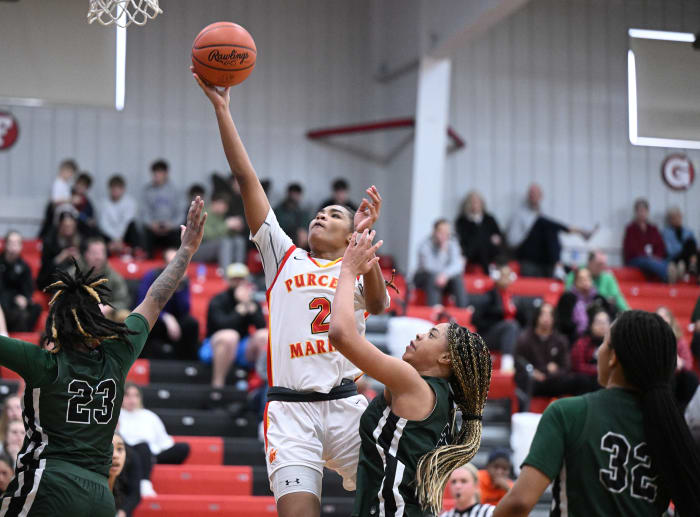 Dee Alexander of Purcell Marian goes up for a layup against Laurel in a game at Classic int he Country on January 11, 2023.